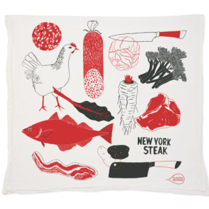 Illustrated meat cuts and a chicken with text 'New York Steak'.
