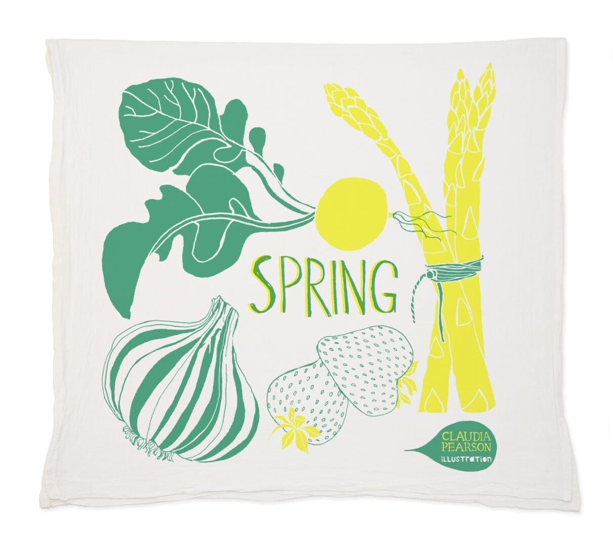 Decorative pillow with spring-themed vegetables and herbs illustration.